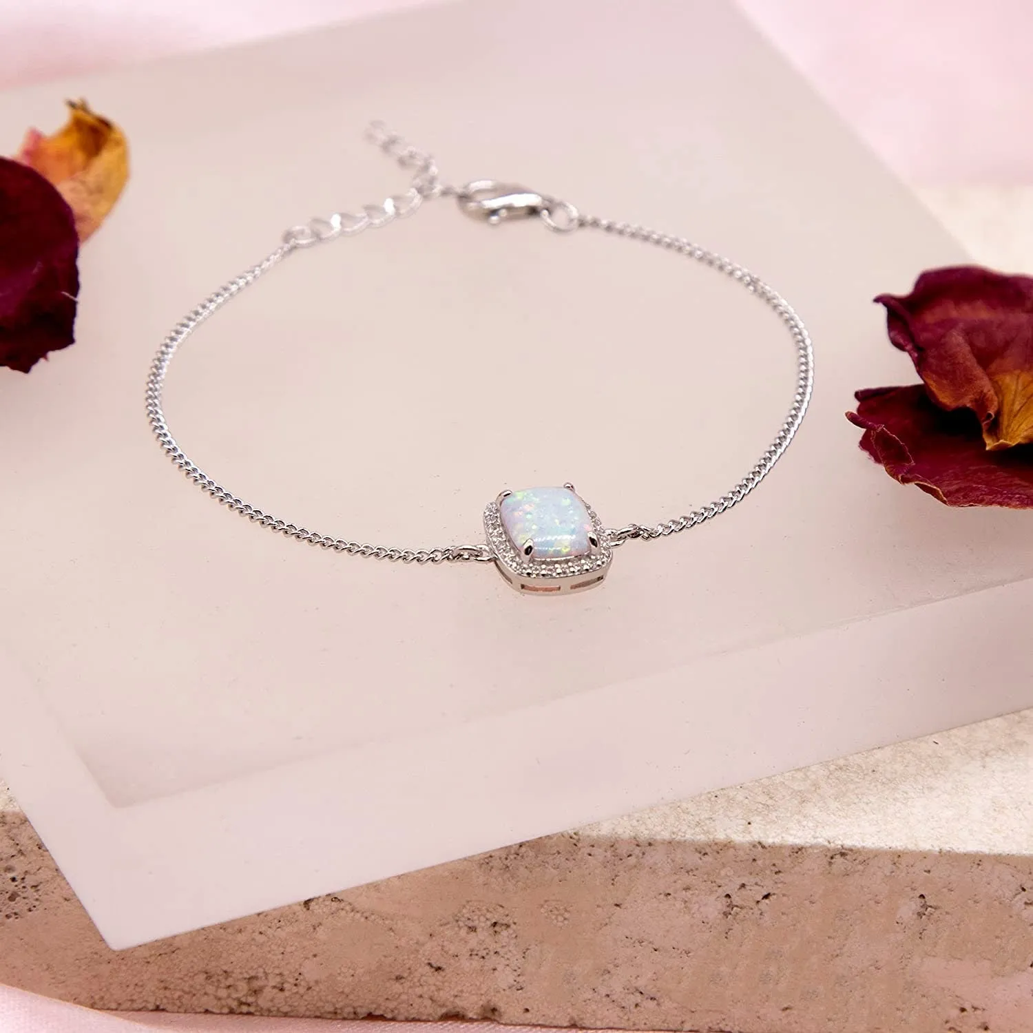 Sterling Silver Opal Halo Bracelet, 12mm Crystal Halo, 7.5" Length, Fashionable Women's Jewellery, Gift Box Included