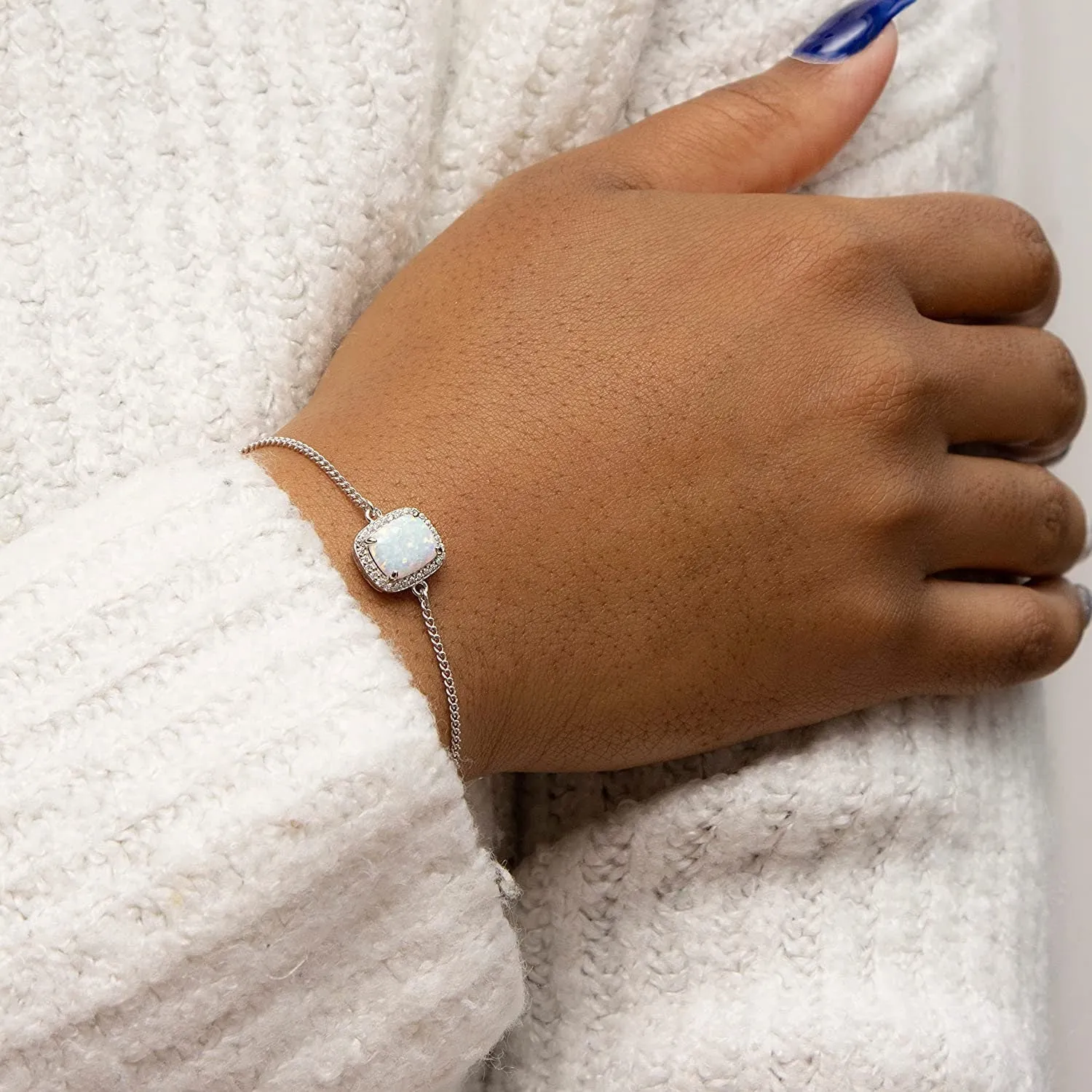 Sterling Silver Opal Halo Bracelet, 12mm Crystal Halo, 7.5" Length, Fashionable Women's Jewellery, Gift Box Included
