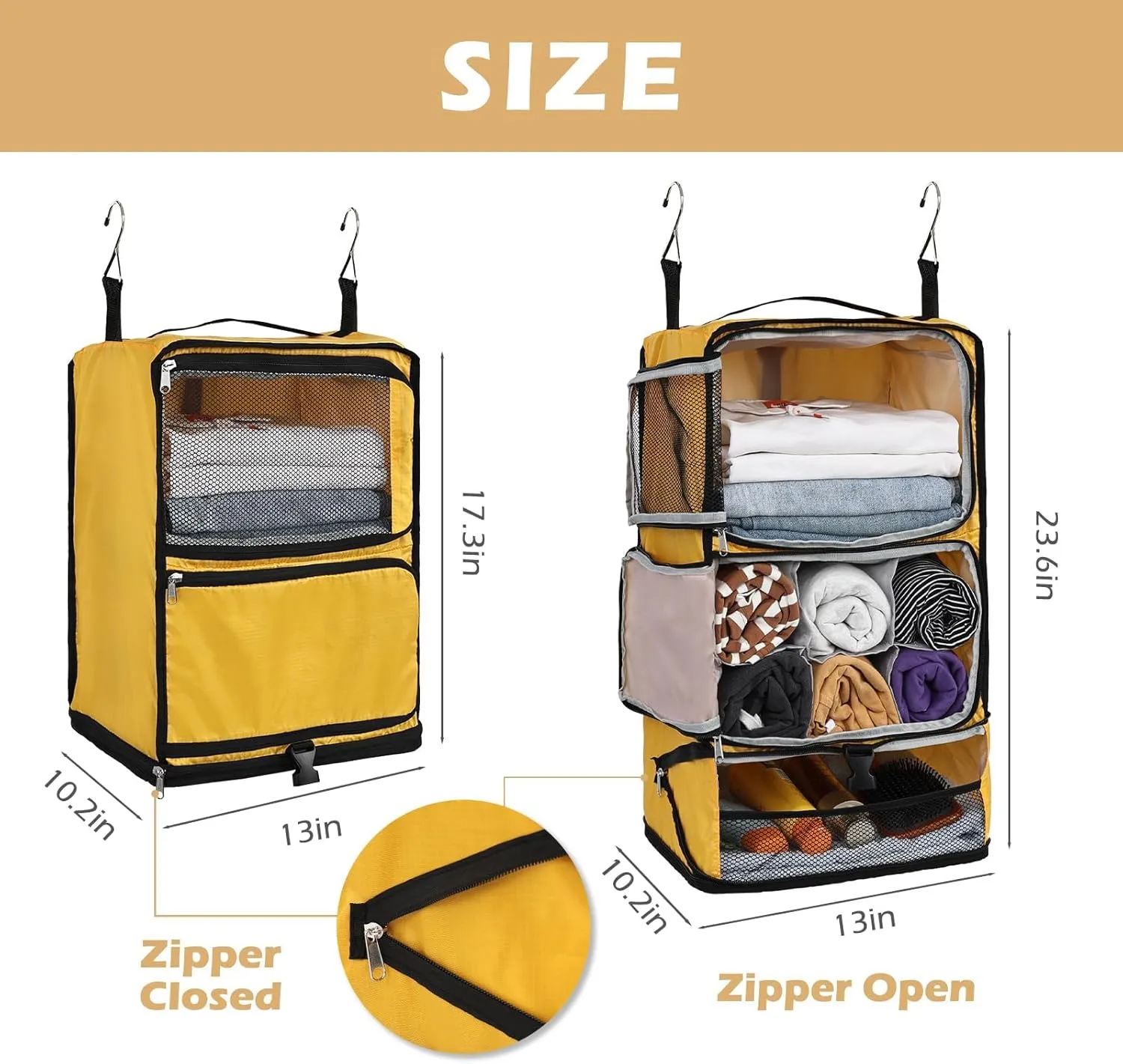 Surblue Hanging Shelves Travel Compression Packing Cube for Carry-on Luggage Suitcase Collapsible Transformable Garment Closet Organizers Large Capacity, Yellow, XL