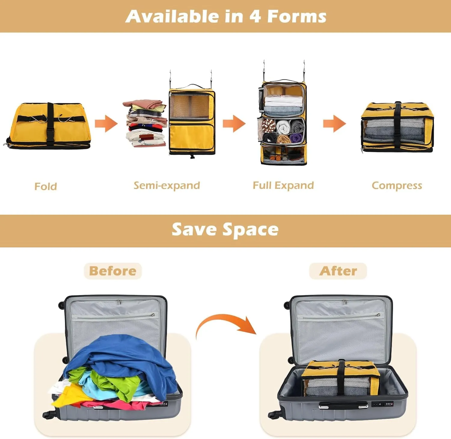 Surblue Hanging Shelves Travel Compression Packing Cube for Carry-on Luggage Suitcase Collapsible Transformable Garment Closet Organizers Large Capacity, Yellow, XL