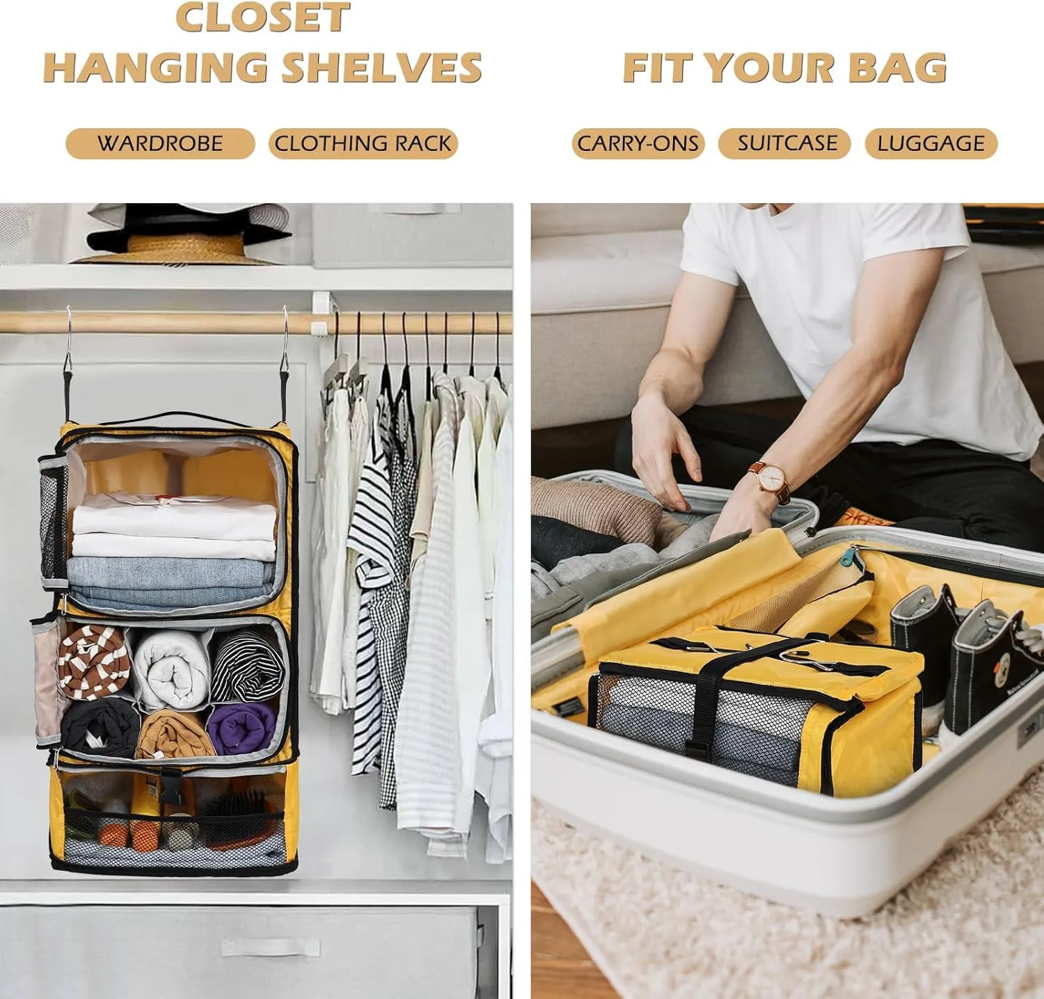 Surblue Hanging Shelves Travel Compression Packing Cube for Carry-on Luggage Suitcase Collapsible Transformable Garment Closet Organizers Large Capacity, Yellow, XL