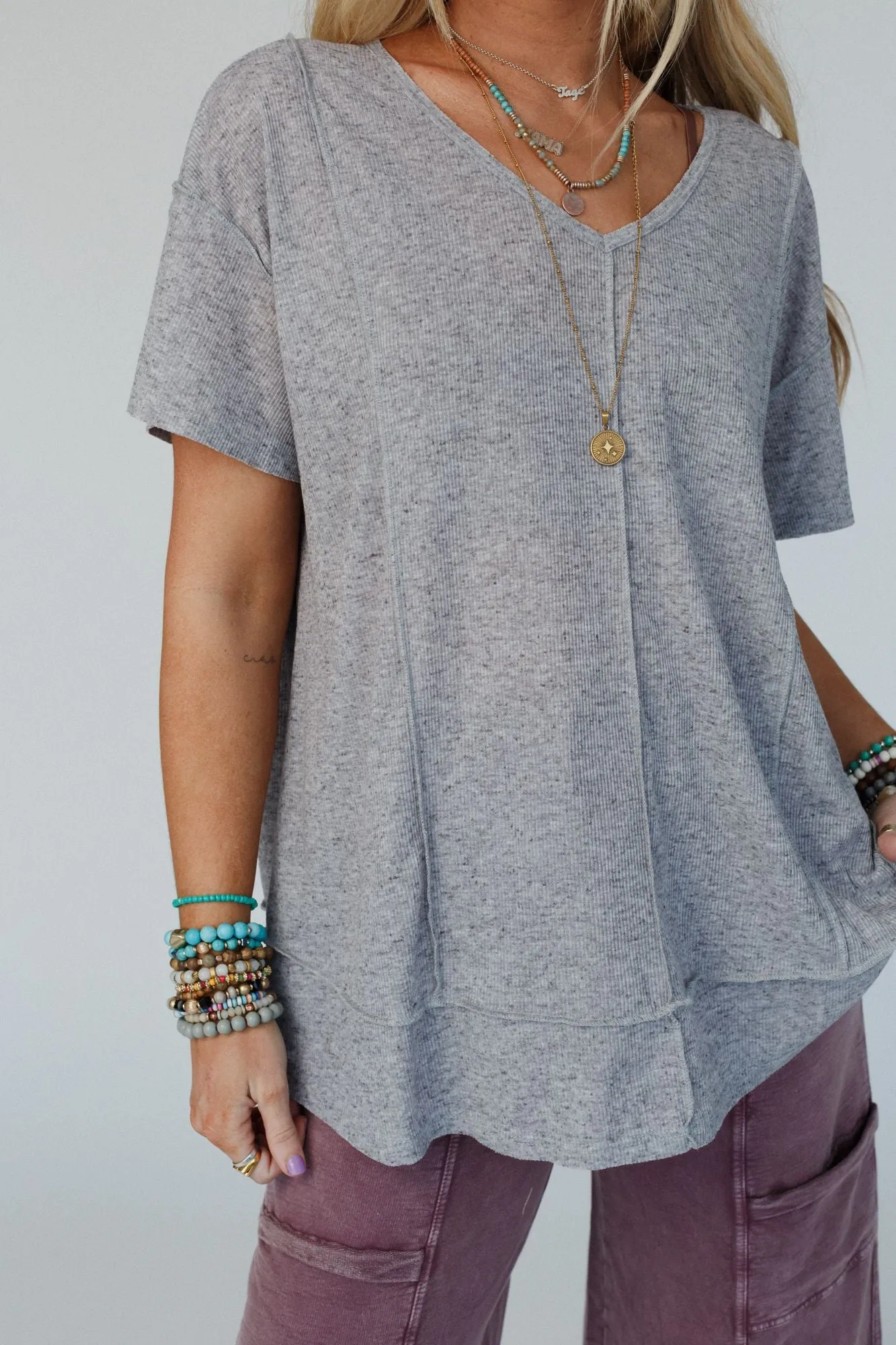 The Nest Nestled In Ribbed Knit Top - Cement