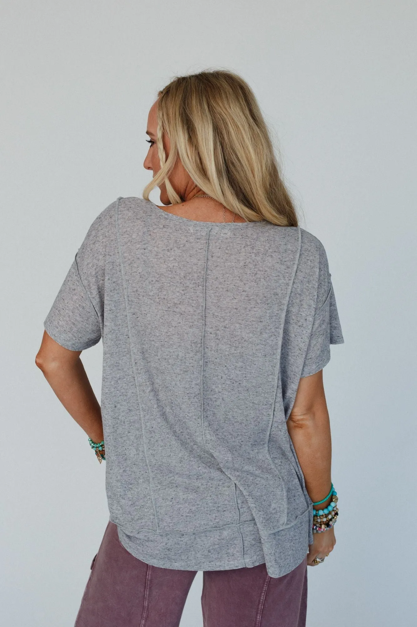 The Nest Nestled In Ribbed Knit Top - Cement