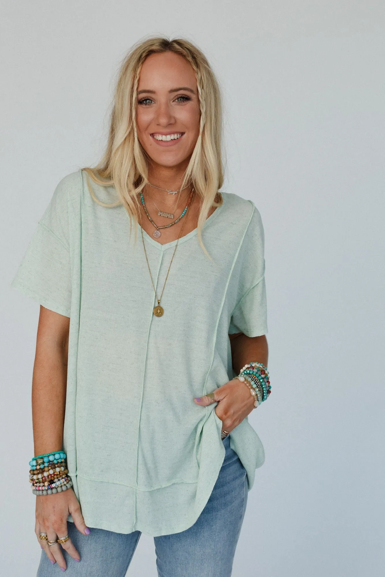 The Nest Nestled In Ribbed Knit Top - Sage