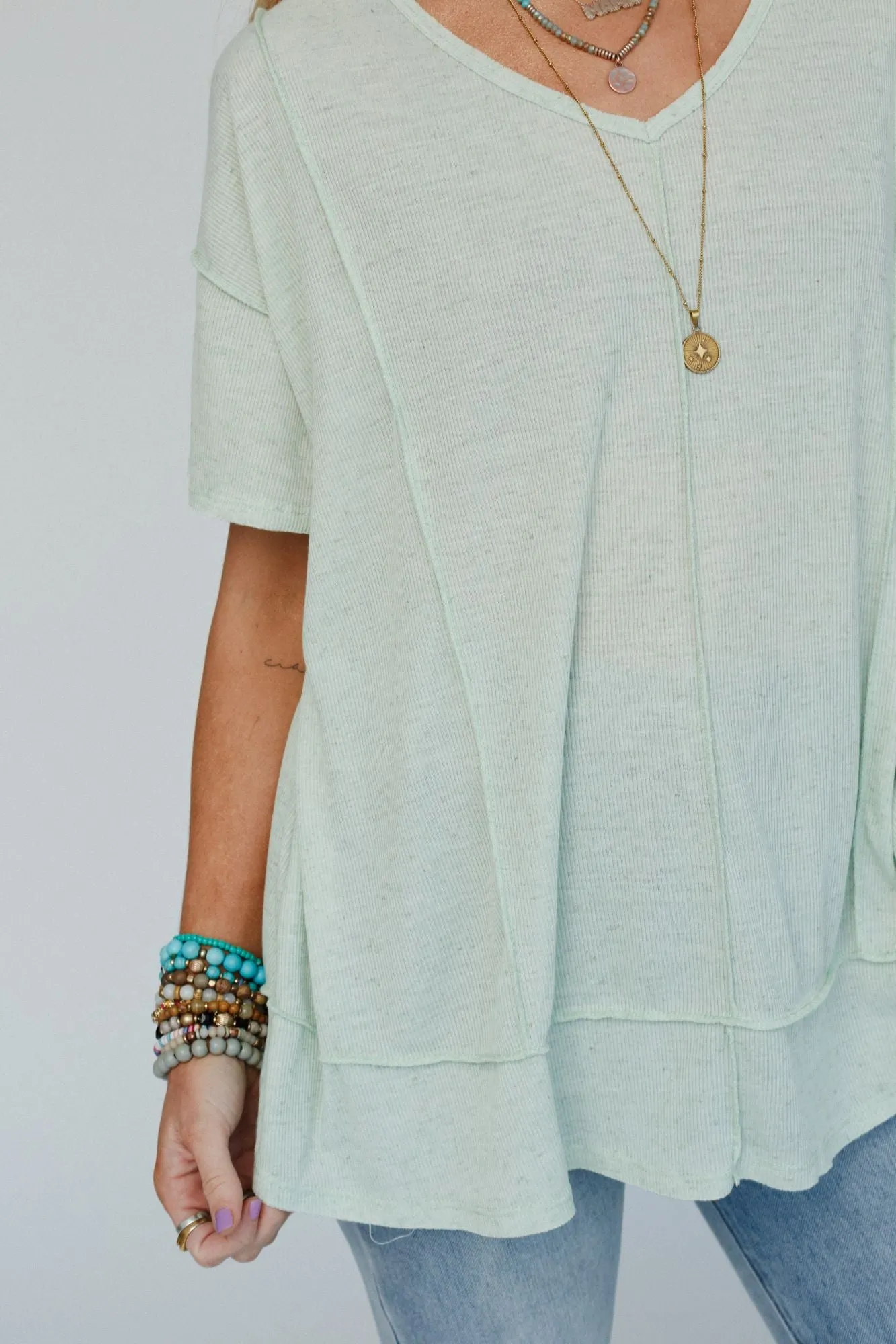 The Nest Nestled In Ribbed Knit Top - Sage