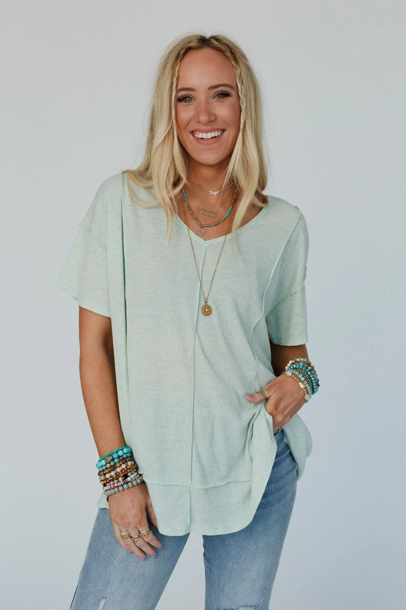 The Nest Nestled In Ribbed Knit Top - Sage