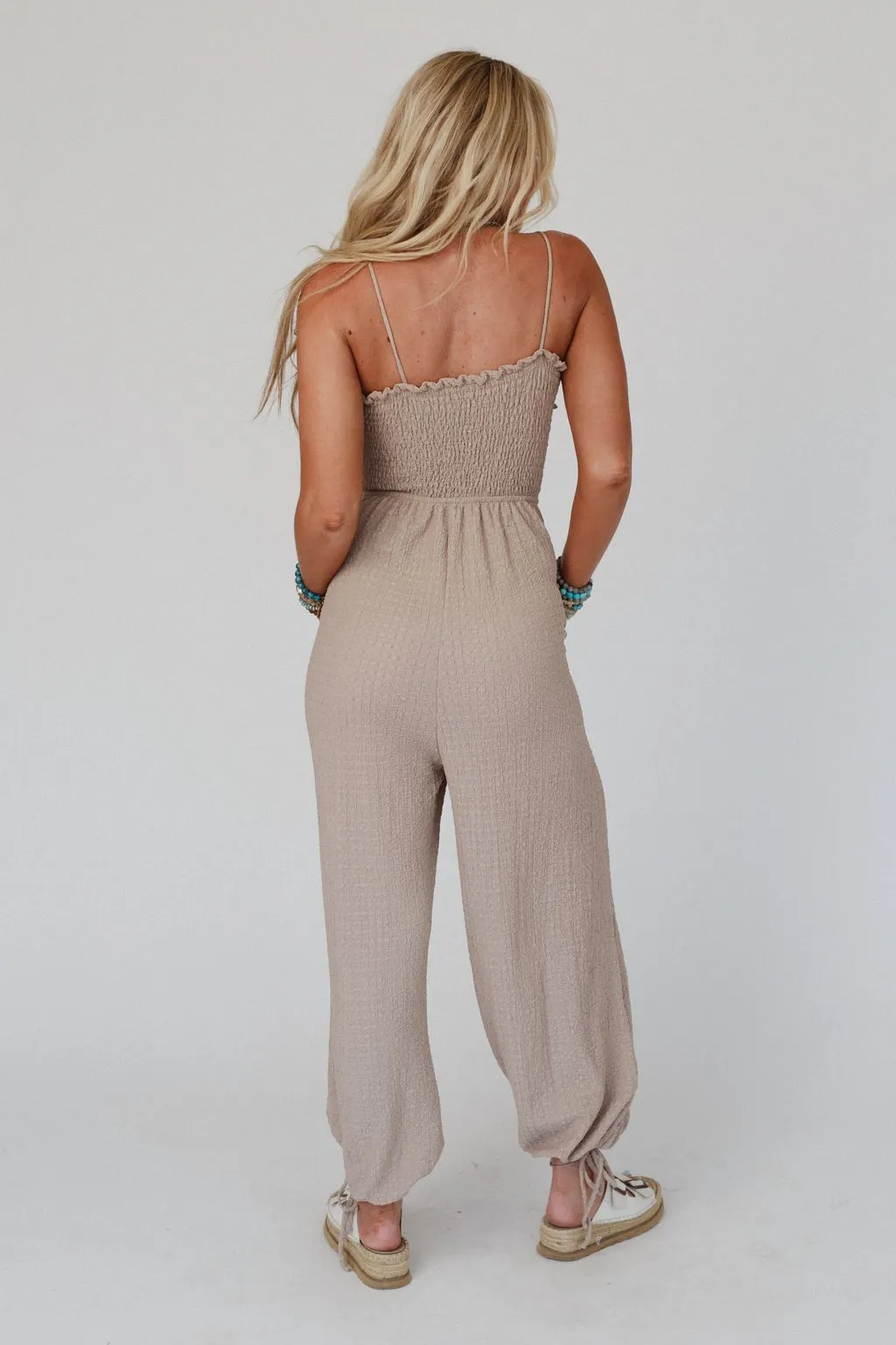 The Nest Perfect Timing Textured Jumpsuit - Beige