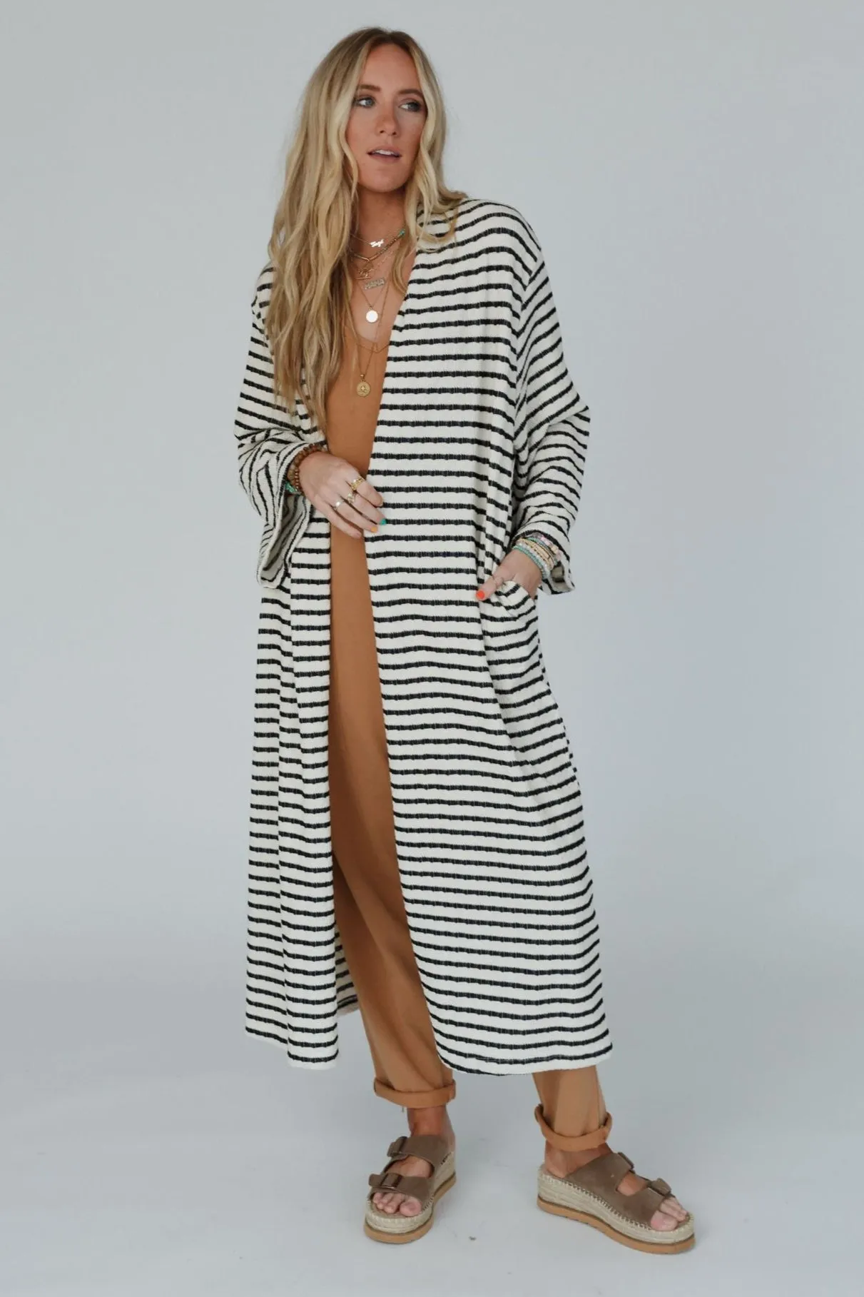 The Nest Venyx Striped Duster Cardigan - Cream Black