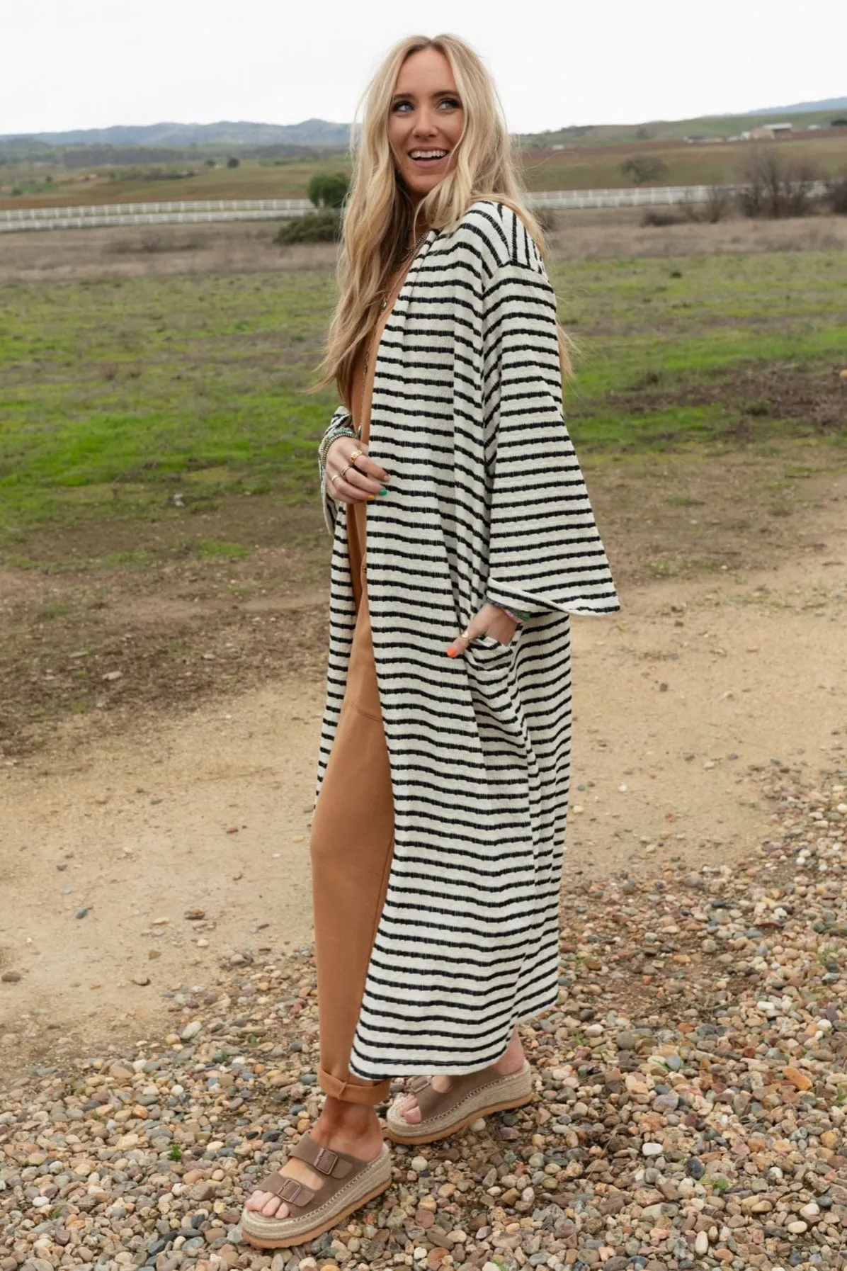 The Nest Venyx Striped Duster Cardigan - Cream Black