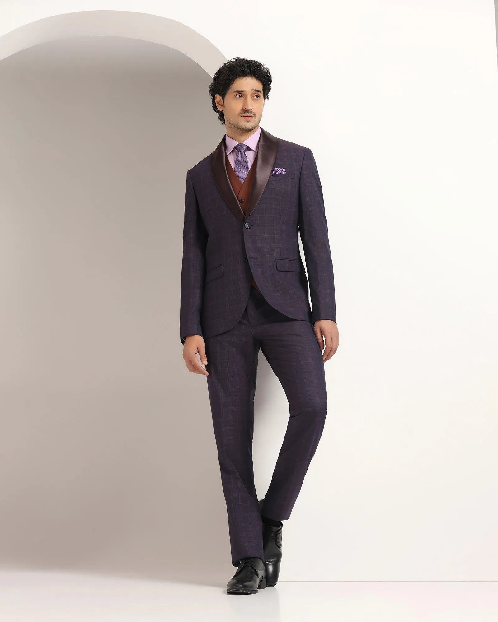 Tuxedo Three Piece Purple Check Formal Suit - Sobey
