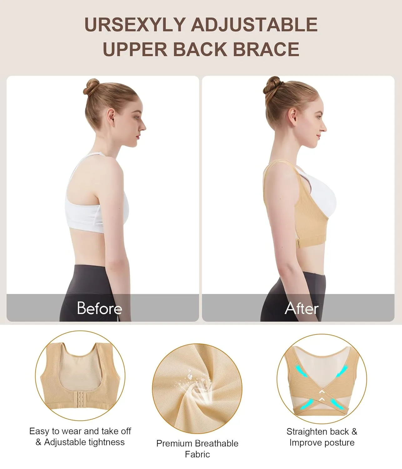 URSEXYLY Upper Back Brace for Women Breathable Posture Corrector Posture Support Back Straightener Pain Relief(Beige,M)