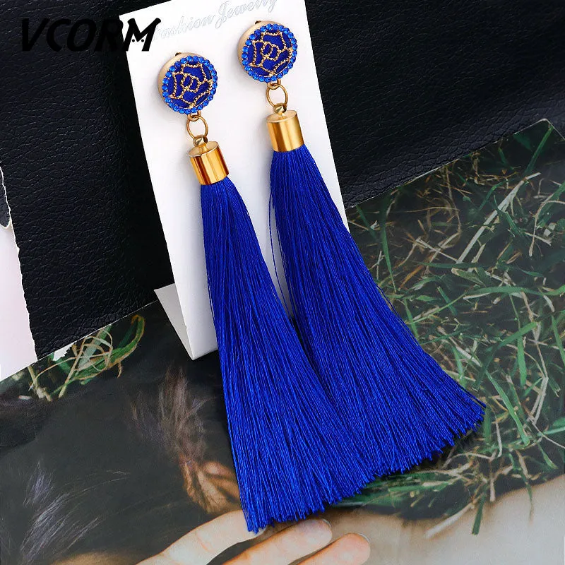 VCORM Bohemian Tassel Crystal Long Drop Earrings for Women Red Cotton Silk Fabric Fringe Earrings 2019 Fashion Woman Jewelry