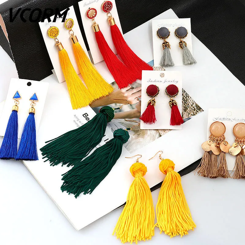 VCORM Bohemian Tassel Crystal Long Drop Earrings for Women Red Cotton Silk Fabric Fringe Earrings 2019 Fashion Woman Jewelry