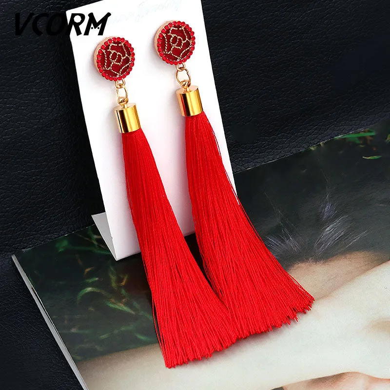 VCORM Bohemian Tassel Crystal Long Drop Earrings for Women Red Cotton Silk Fabric Fringe Earrings 2019 Fashion Woman Jewelry