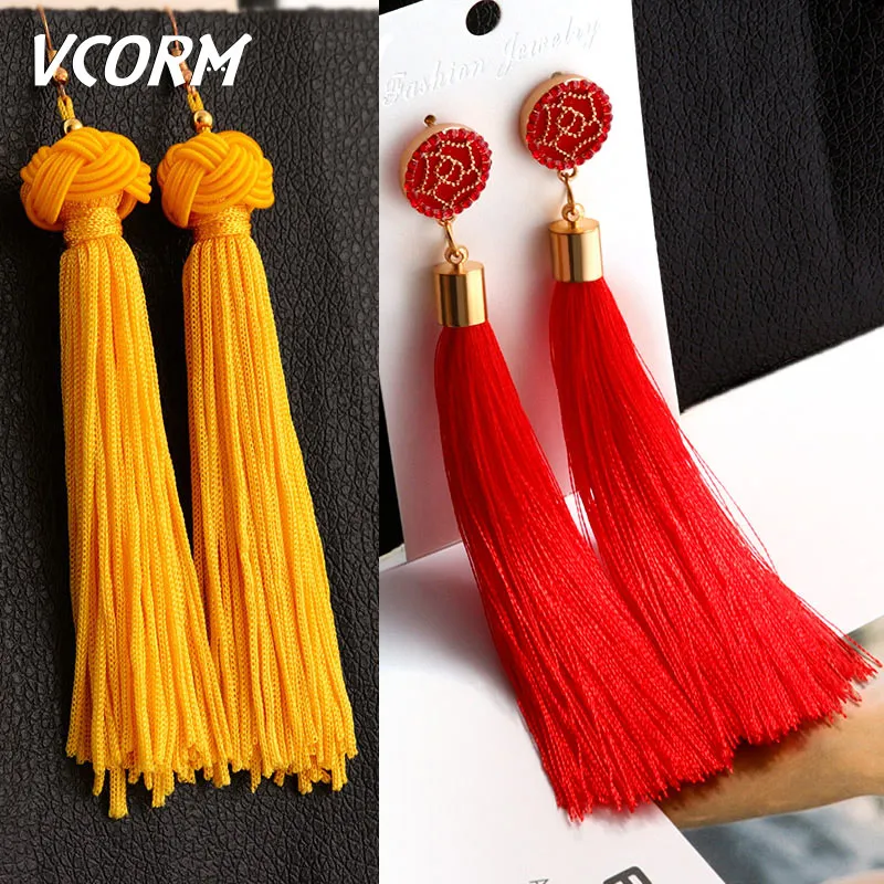 VCORM Bohemian Tassel Crystal Long Drop Earrings for Women Red Cotton Silk Fabric Fringe Earrings 2019 Fashion Woman Jewelry