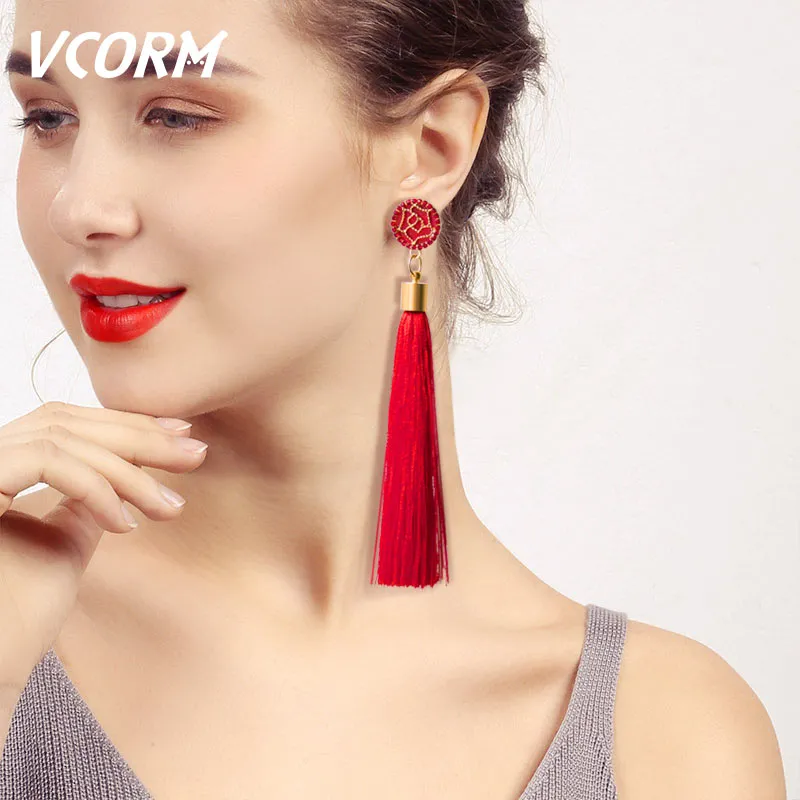 VCORM Bohemian Tassel Crystal Long Drop Earrings for Women Red Cotton Silk Fabric Fringe Earrings 2019 Fashion Woman Jewelry