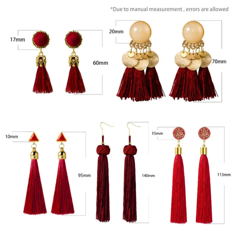 VCORM Bohemian Tassel Crystal Long Drop Earrings for Women Red Cotton Silk Fabric Fringe Earrings 2019 Fashion Woman Jewelry