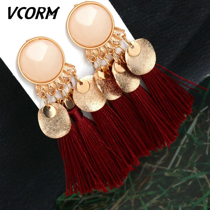 VCORM Bohemian Tassel Crystal Long Drop Earrings for Women Red Cotton Silk Fabric Fringe Earrings 2019 Fashion Woman Jewelry