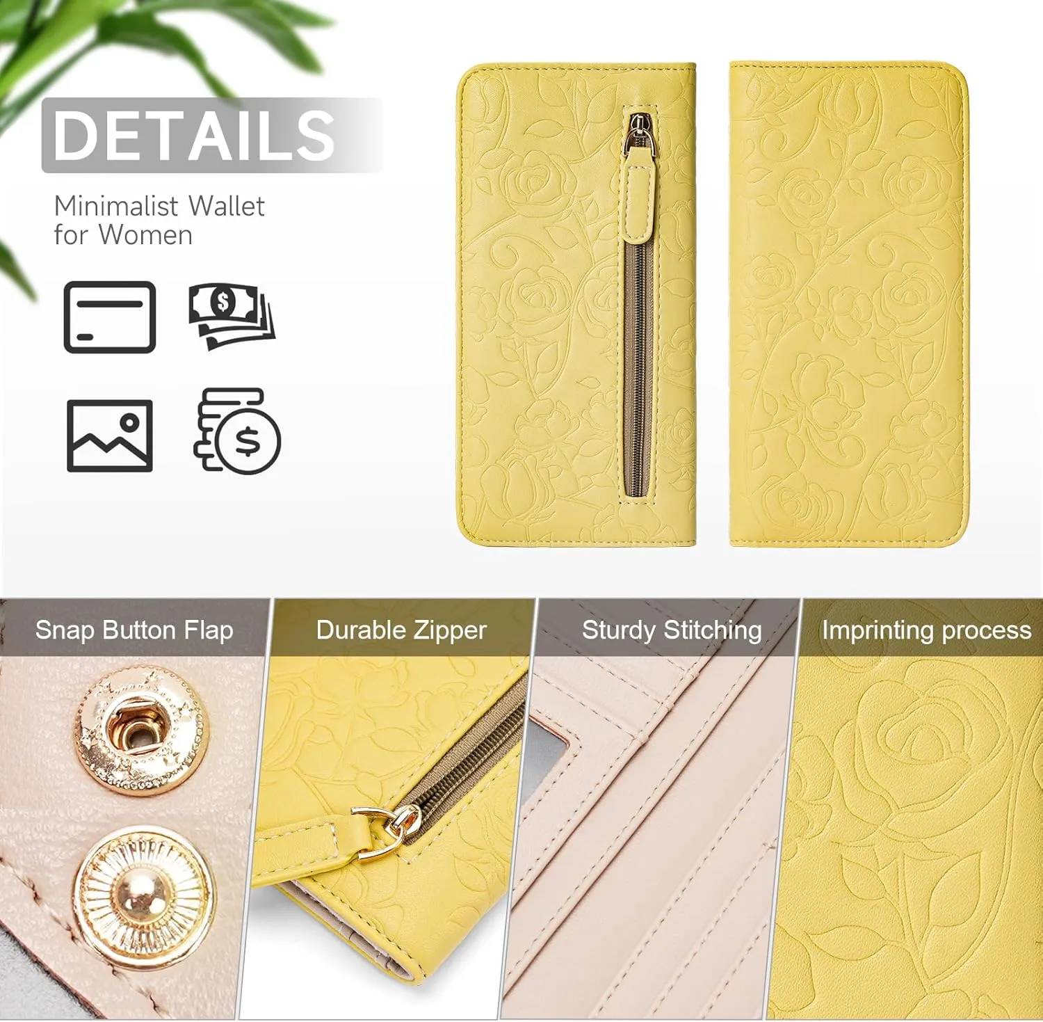 Wallet Women Ultra Slim Thin Womens Wallet RFID Blocking Bifold Clutch Long Ladies Wallet Rose YELLOW