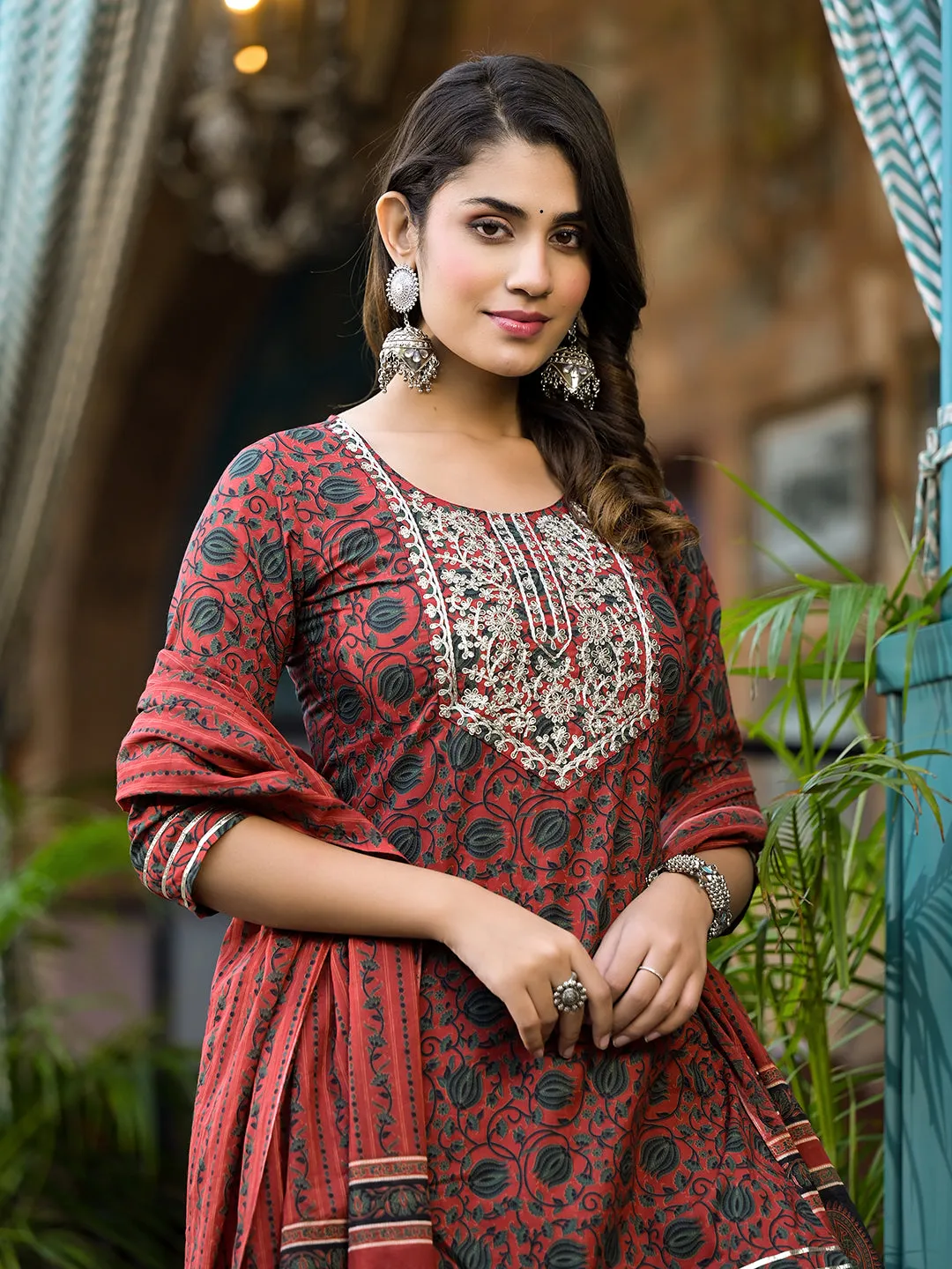 Women Rust Pure Cotton Kurta Set With Dupatta