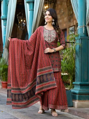 Women Rust Pure Cotton Kurta Set With Dupatta