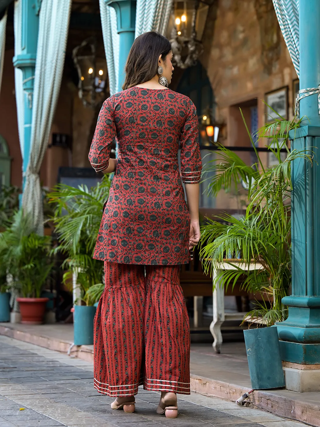 Women Rust Pure Cotton Kurta Set With Dupatta