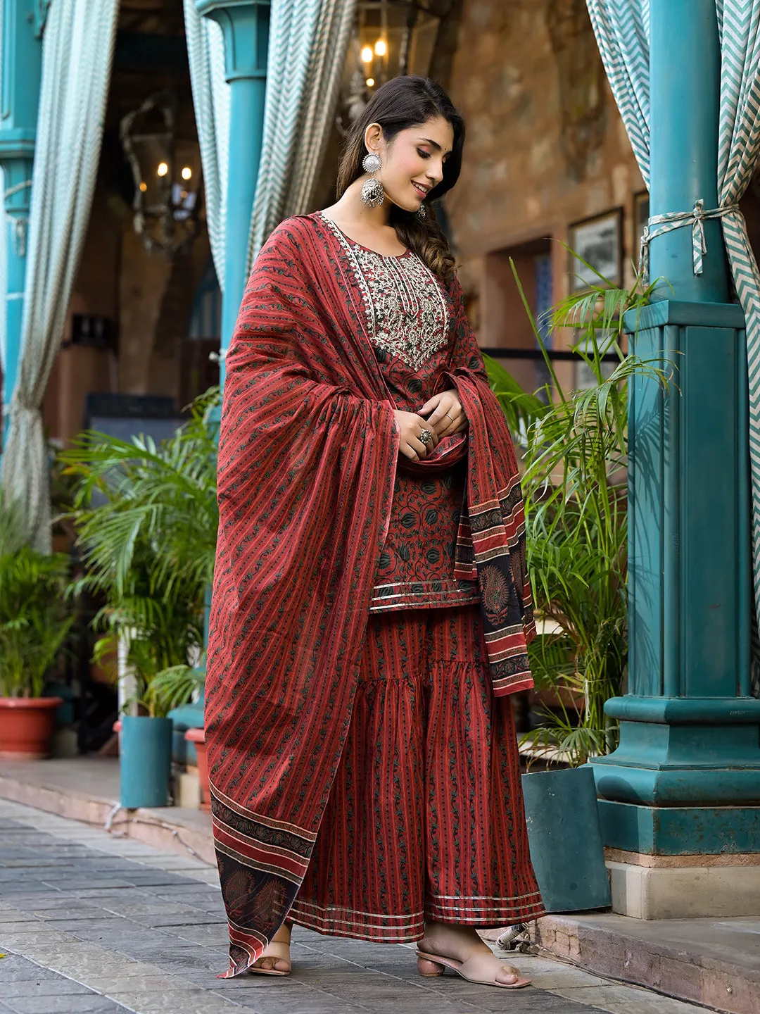 Women Rust Pure Cotton Kurta Set With Dupatta