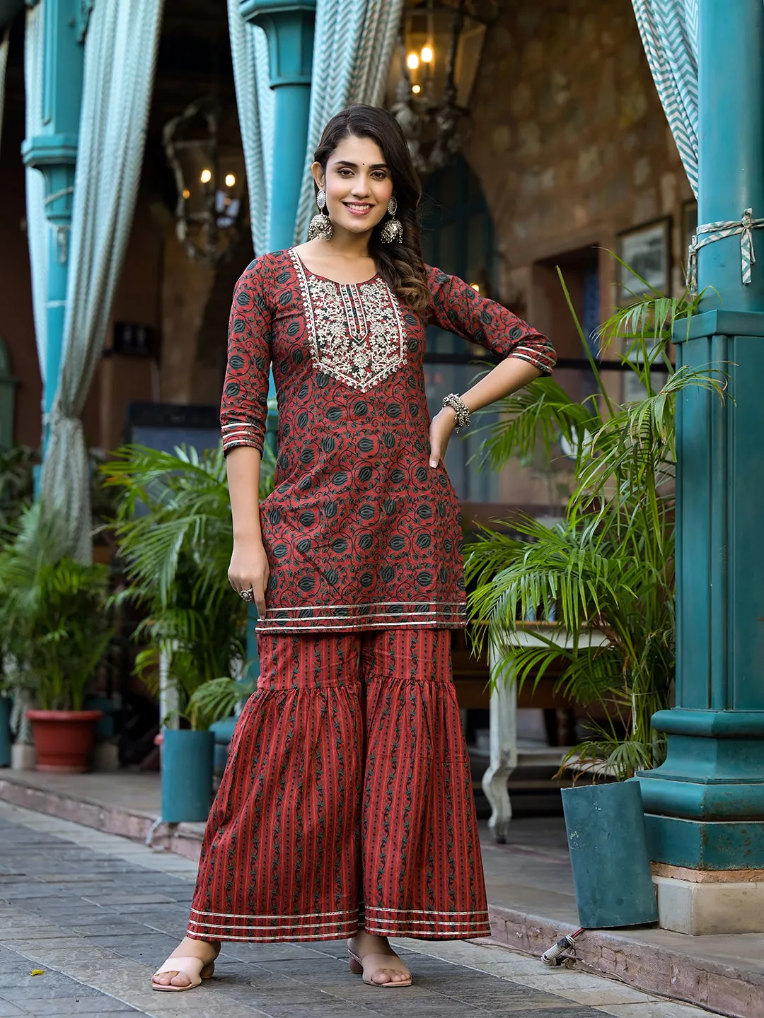Women Rust Pure Cotton Kurta Set With Dupatta