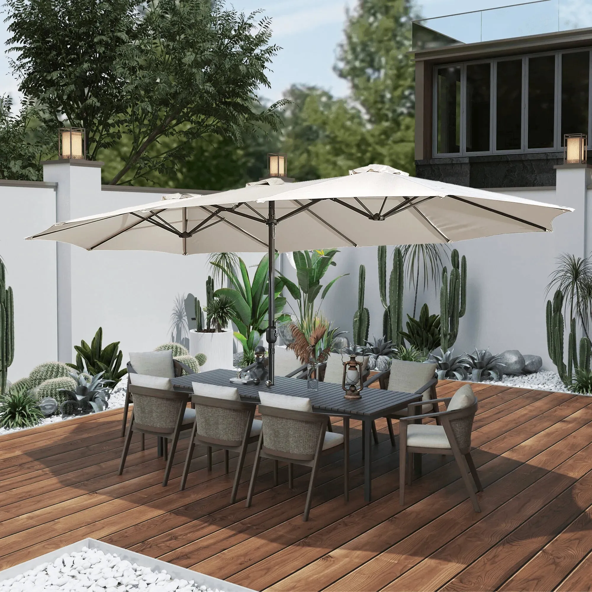 Wooden Twist Dodecagon Extra-Large Double Sided Outdoor Twin Umbrella With Crank Lift System UV Protected, Water Resistant Polyester Fabric 15 ft