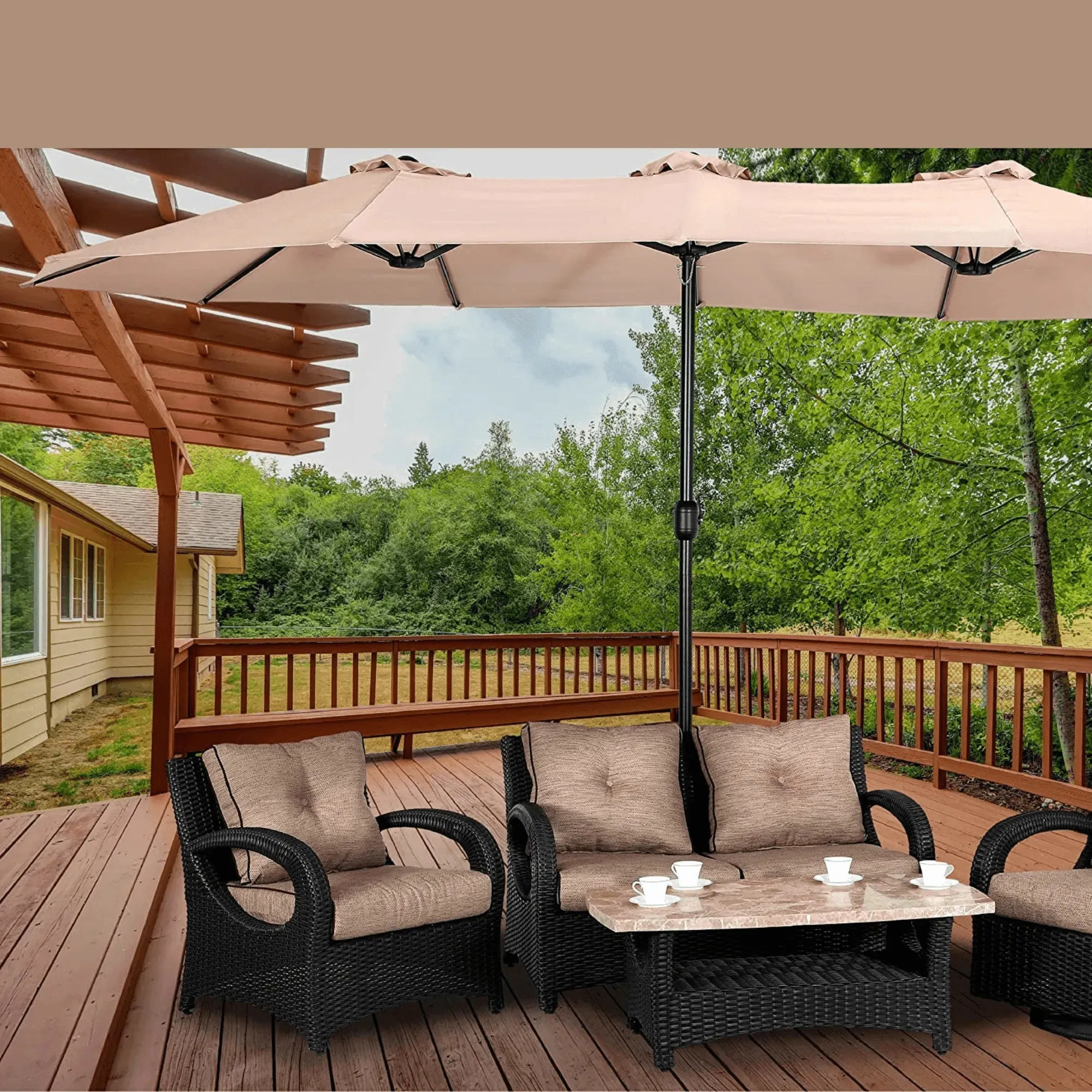 Wooden Twist Dodecagon Extra-Large Double Sided Outdoor Twin Umbrella With Crank Lift System UV Protected, Water Resistant Polyester Fabric 15 ft