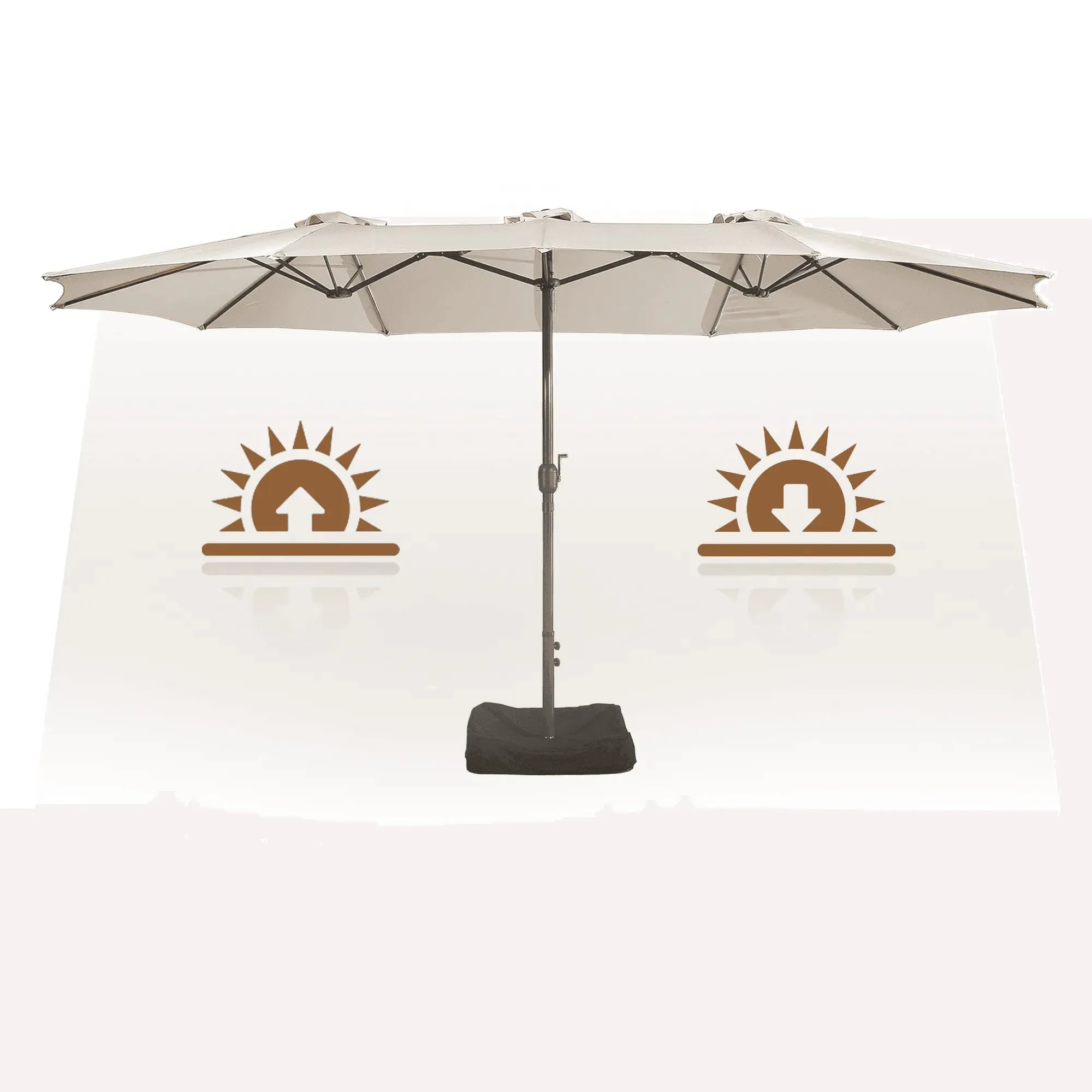 Wooden Twist Dodecagon Extra-Large Double Sided Outdoor Twin Umbrella With Crank Lift System UV Protected, Water Resistant Polyester Fabric 15 ft