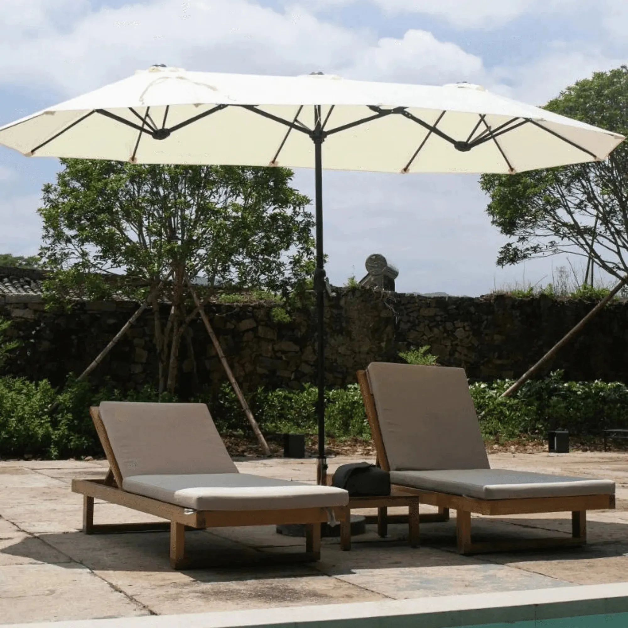 Wooden Twist Dodecagon Extra-Large Double Sided Outdoor Twin Umbrella With Crank Lift System UV Protected, Water Resistant Polyester Fabric 15 ft